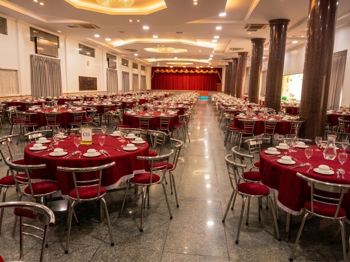 A wedding banquet hall set with red tables